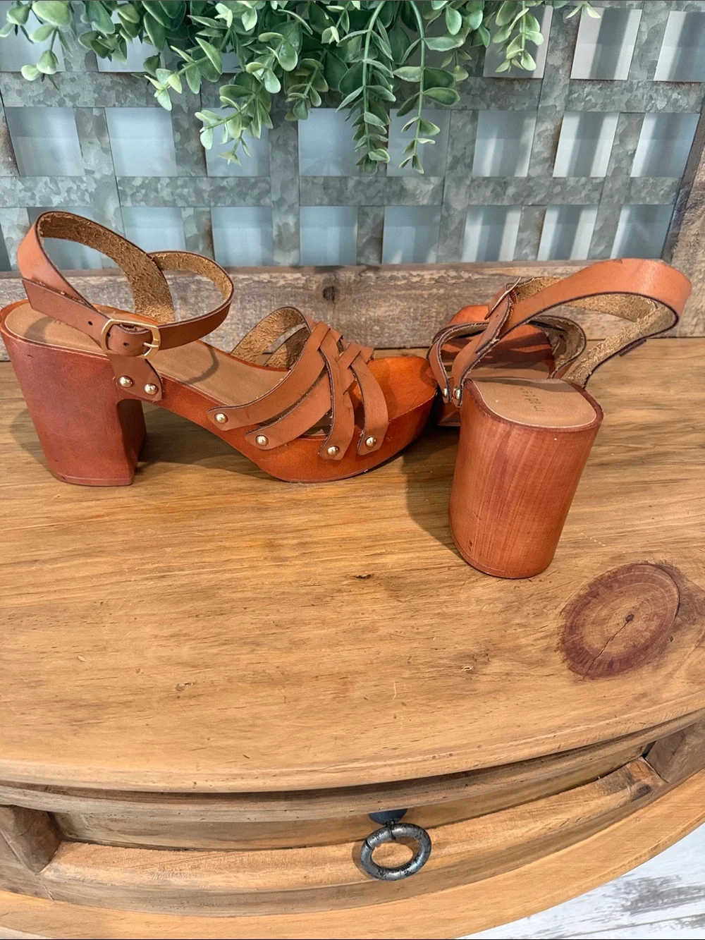 Madden Girl Cognac Brown Strappy Leather Platform Wedges